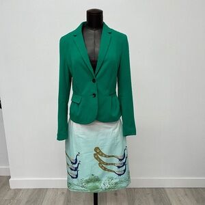 Emerald Green Blazer & Peacock Print Skirt Set | Artistic Chic Workwear